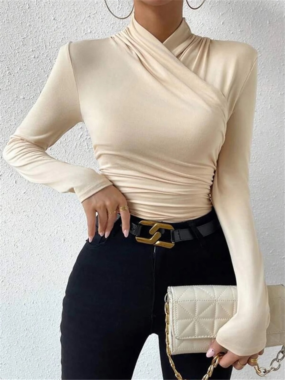 Commense Cream Cross-Wrap Long Sleeve Top